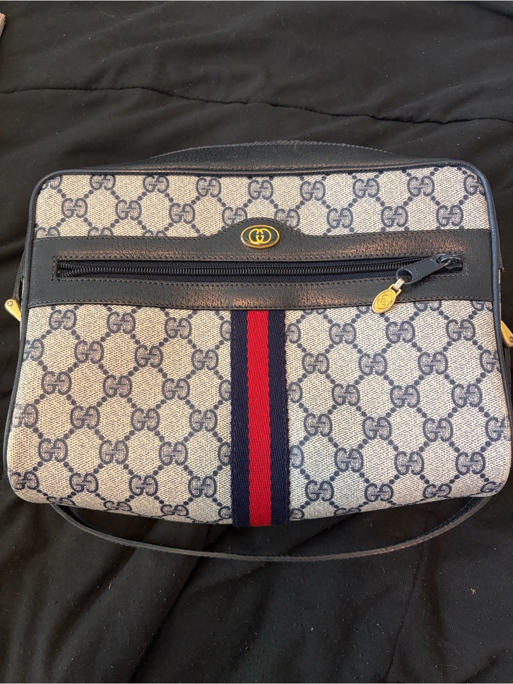 Gucci Navy/Beige GG Supreme Messenger Bag with Red Stripe